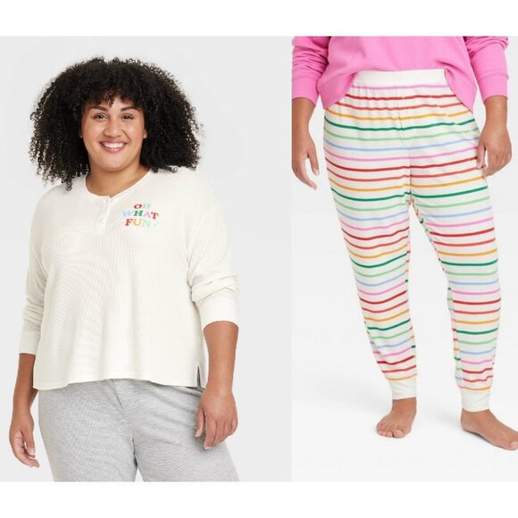 NEW! Womens 2pc Thermal Pajama Set - Holiday, Rainbow, Striped - Plus Size - Picture 1 of 1